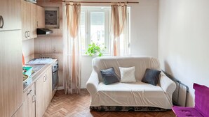 A compact living space with a kitchenette, a sofa with cushions, a chair, and a window with curtains. - Gorgeous apartment in Rab with house sea view (Rab)