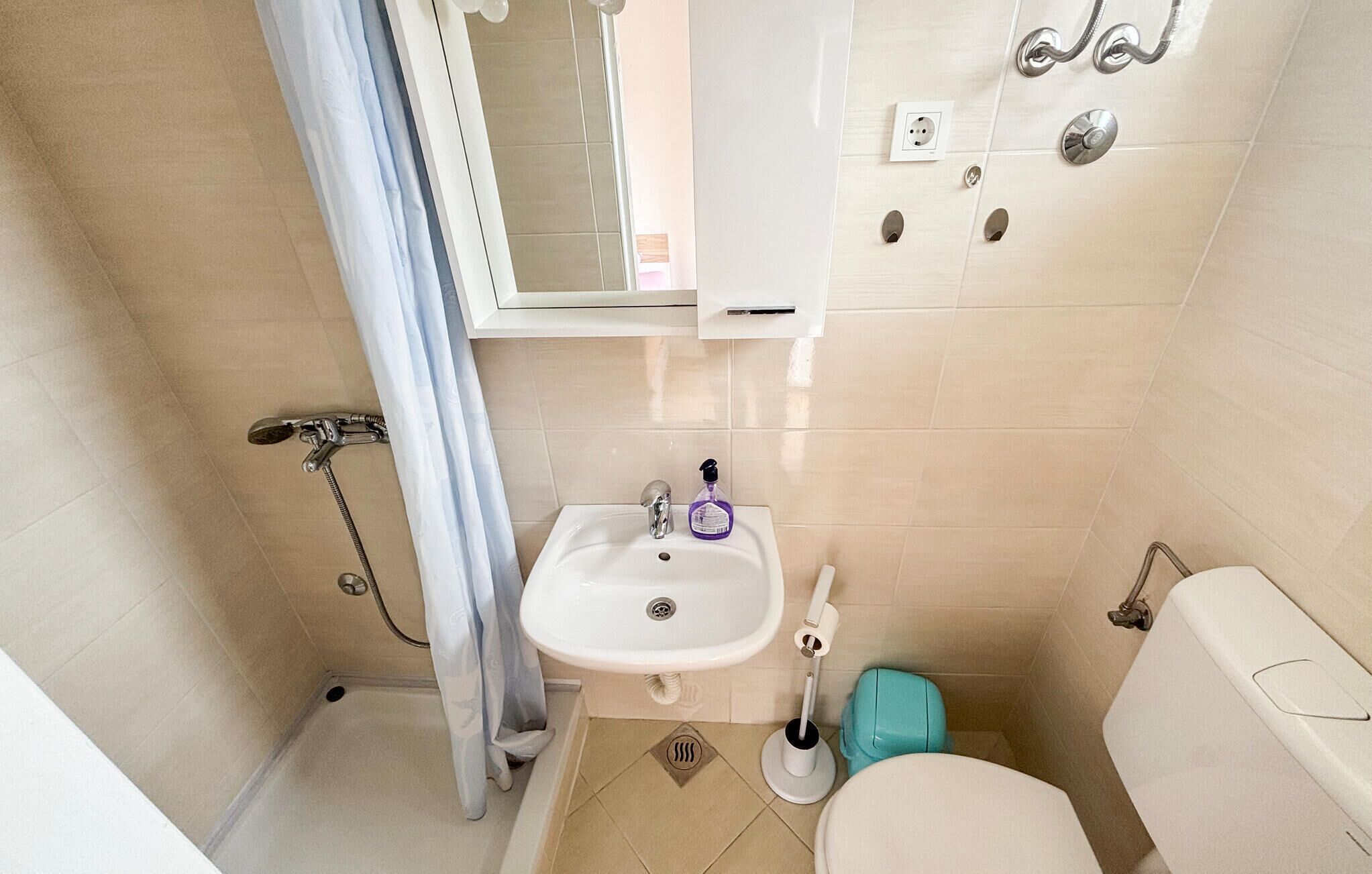 Et lille badeværelse med vask, toilet, bruser og et spejl.