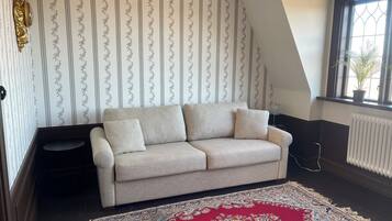 Ett rum med en soffa, en mönstrad matta och ett fönster med en växt.