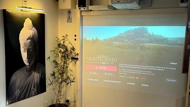 Une pièce équipée d’un écran de projection diffusant un film, d’une statue de Bouddha, d’une plante en pot et d’un lit.