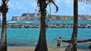 A beach with palm trees, a rocky breakwater, and a distant building. - Villa De Gloria II - Elevated Signature Stay (Bayamon)