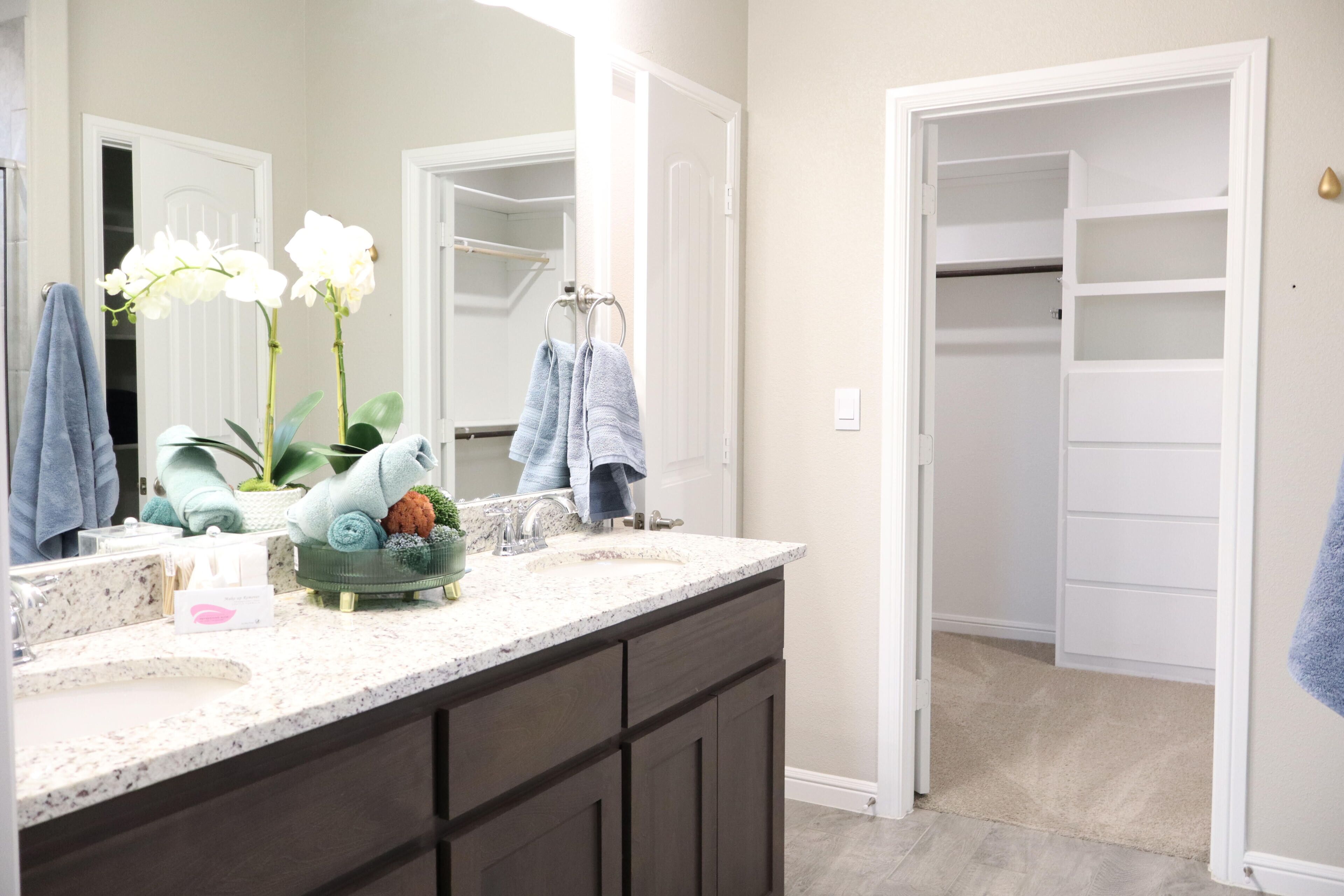 A bathroom with a sink, mirror, towel rack, and a potted plant.