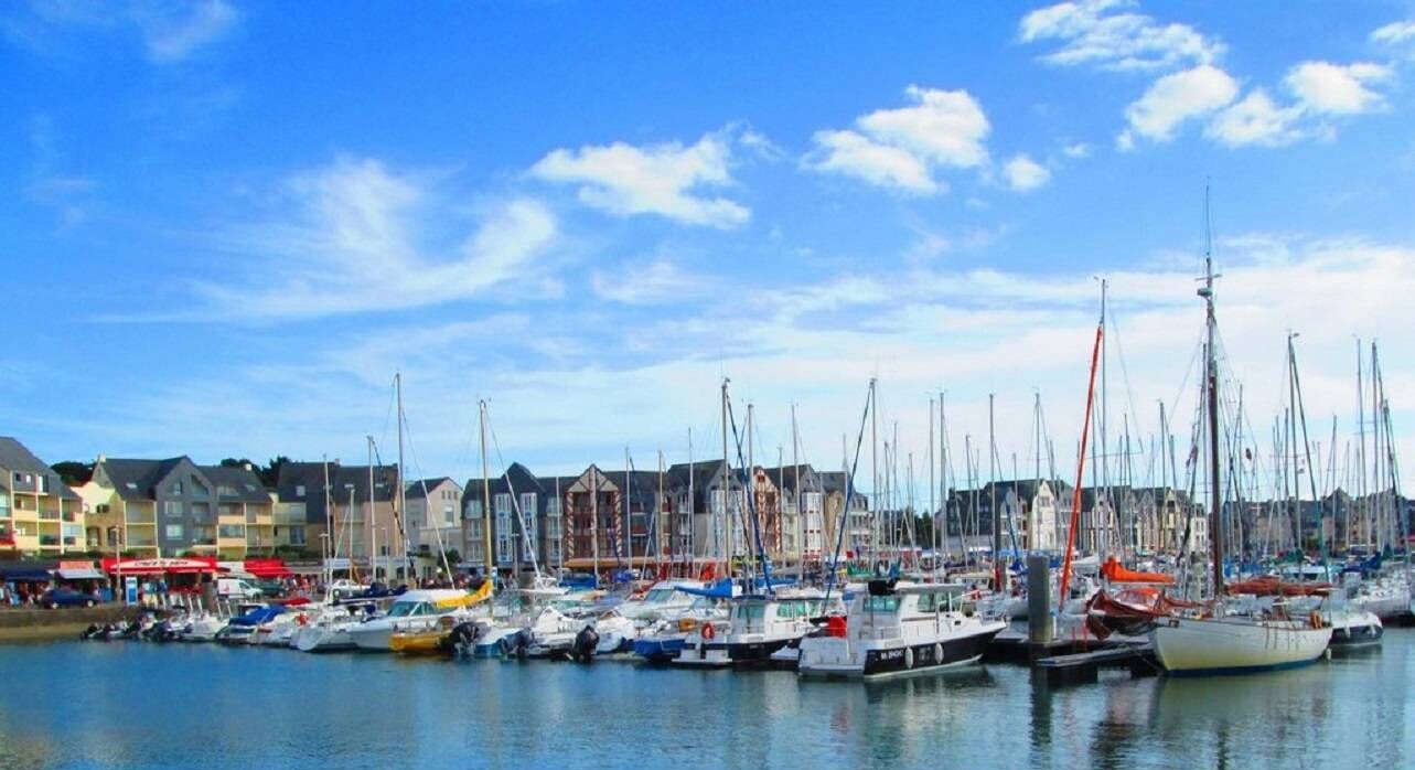 Una marina con numerosos barcos amarrados, un paseo marítimo y edificios al fondo.