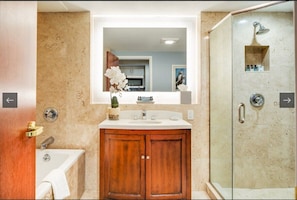 Hair dryer, towels, soap, toilet paper