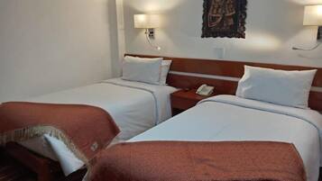 Two single beds with white linens, a wooden headboard, a telephone on the nightstand, and a wall-mounted lamp.