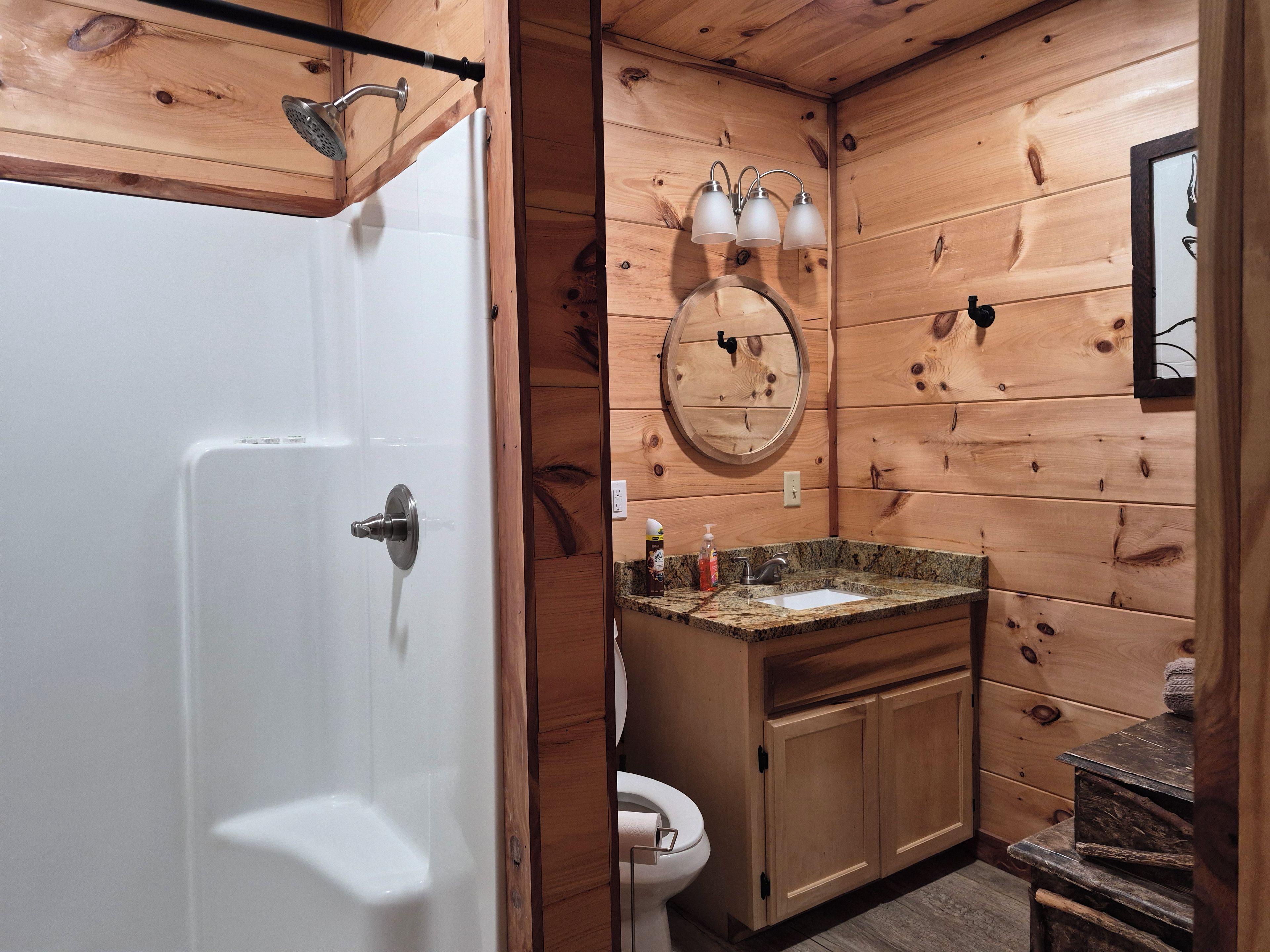 A wooden cabin bathroom with a shower, toilet, vanity, and a mirror.