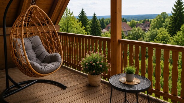Una terraza de madera con una silla colgante, una mesita con una vela y plantas en macetas.