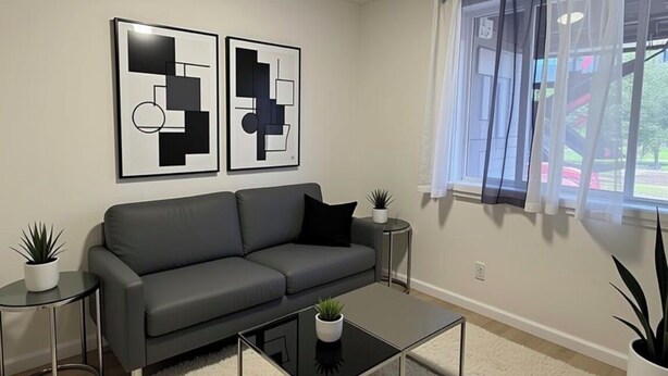 Una sala de estar moderna con un sofá gris, una mesa de centro de vidrio y arte abstracto en la pared.
