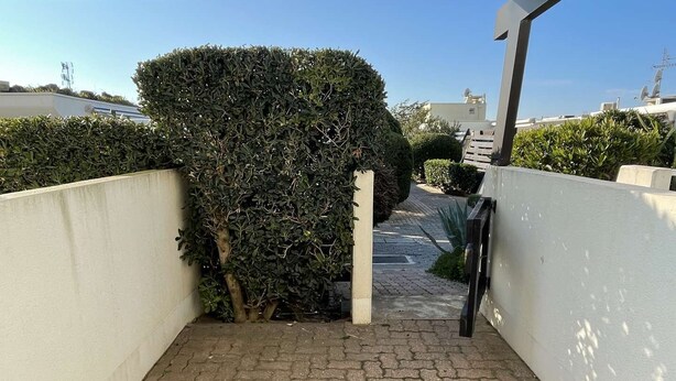 Uma trilha pavimentada leva a um portão com uma sebe e uma parede branca de um lado.