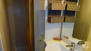 Une salle de bain avec une douche, un lavabo et un miroir.