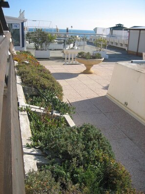 Una terraza en la azotea con plantas en macetas, un gran jarro y vistas al mar.