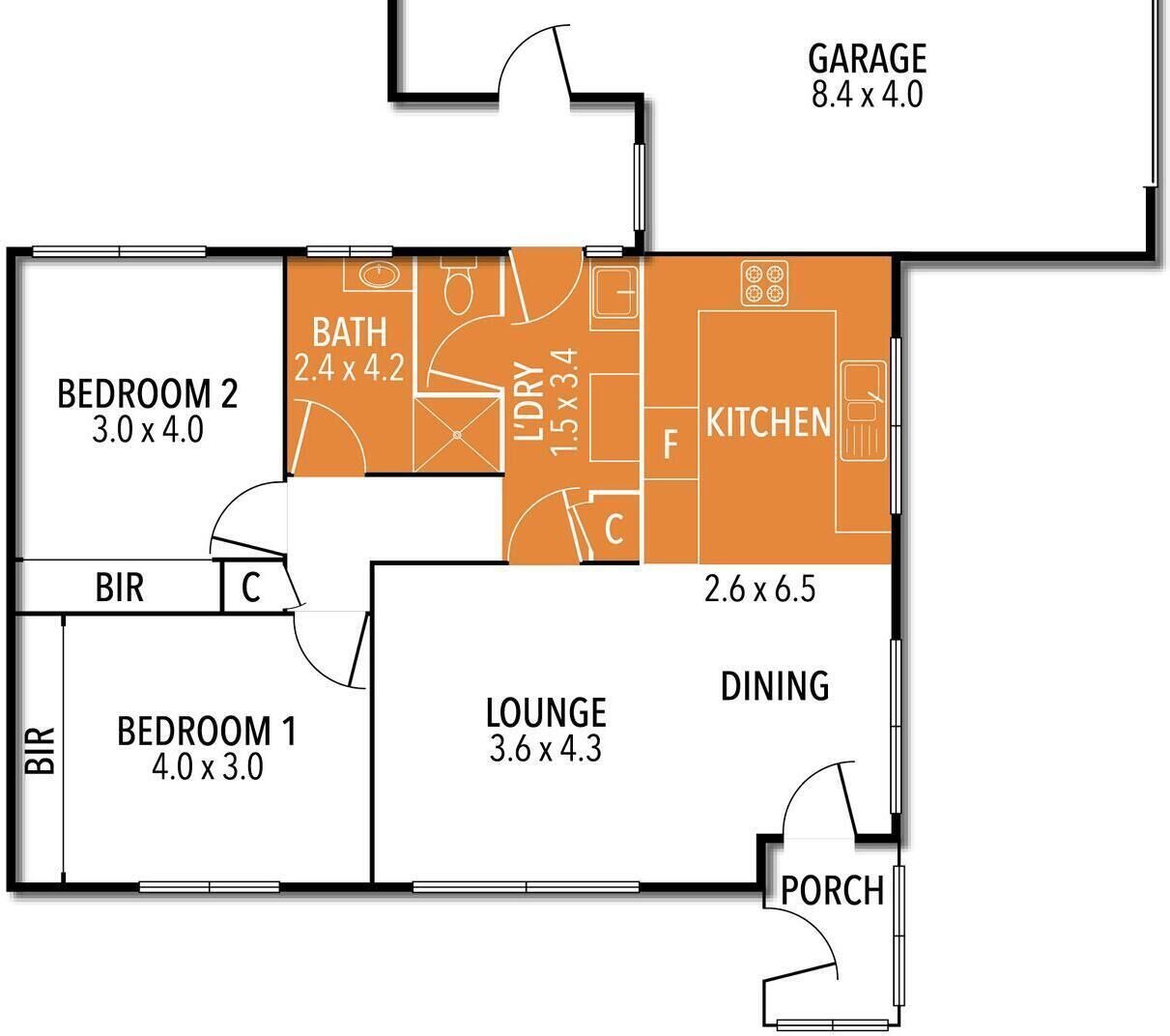 A floor plan with two bedrooms, a bathroom, a kitchen, a dining area, a lounge, a porch, and a garage.