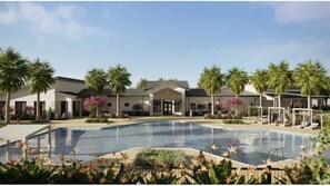 A modern hotel with a swimming pool, palm trees, and a covered outdoor area. - 2946 BY - Wellness Ridge Sanctuary (Clermont)