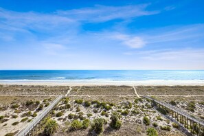 Een strand met een houten vogelbeschermingspad en weinig beplanting.
