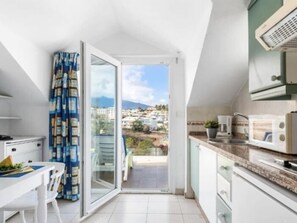 Fridge, microwave, coffee/tea maker, cookware/dishes/utensils - Studio in Puerto de la Cruz: Teide Views, Balcony & Pool (Puerto de la Cruz)