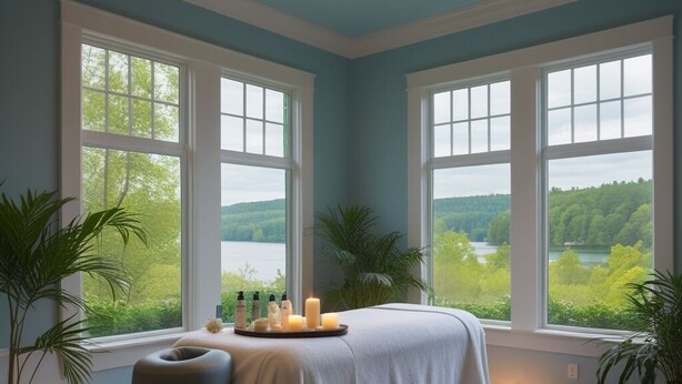 A room with a massage table, candles, and a view of a lake through large windows.