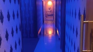 A hallway with patterned walls and a central light fixture.