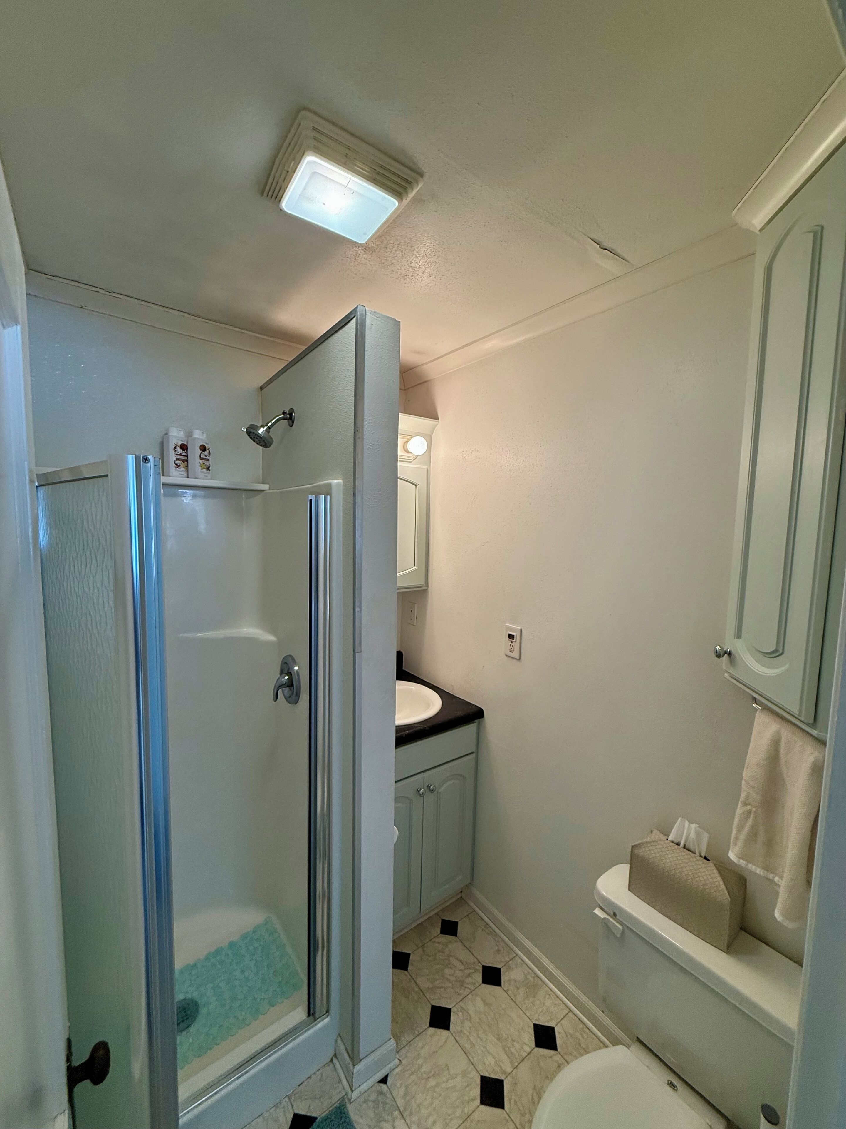 A bathroom with a shower, toilet, sink, and cabinet.