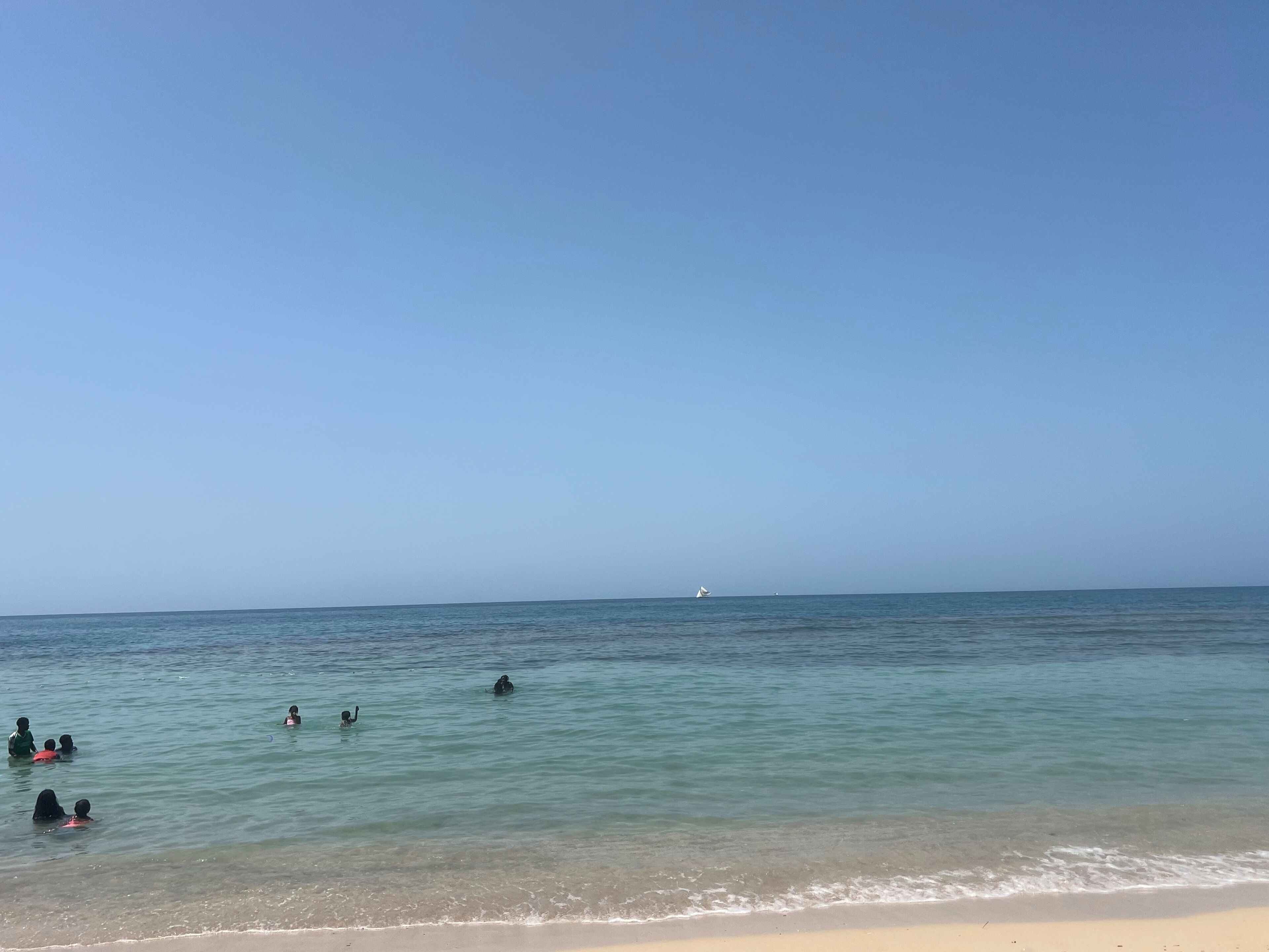 A beach with clear water, a sandy shore, and a distant sailboat.