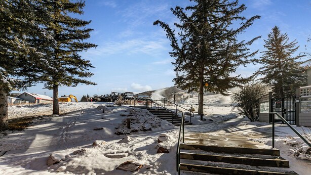 A snowy outdoor area with steps leading up to a building, surrounded by trees. - Two Pools Tennis Balcony Hiking Golf Biking Restaurants Activities Summer Perfection! (Park City)