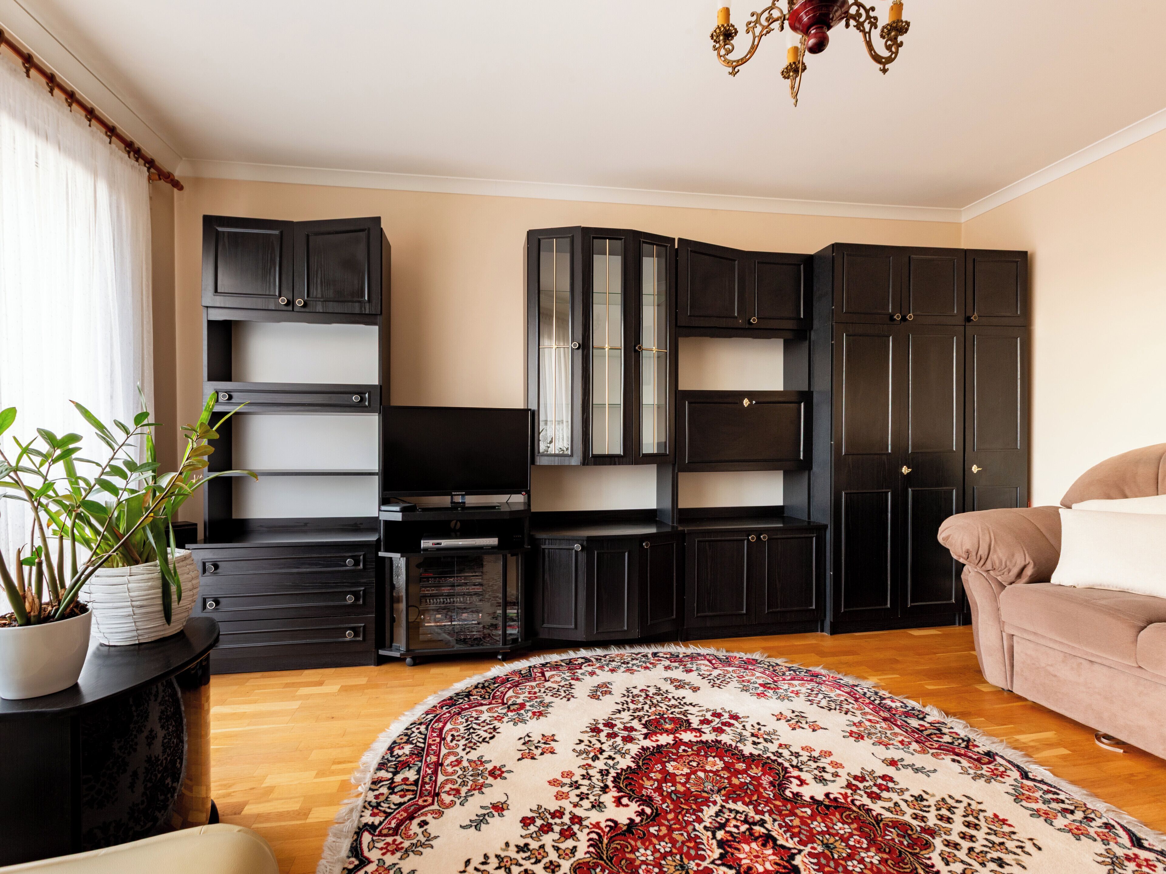 Un soggiorno con televisione, mobili contenitori in legno scuro, un divano beige e un tappeto decorato.