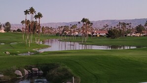 Ein Golfplatz mit Teich, Palmen und Häusern im Hintergrund.