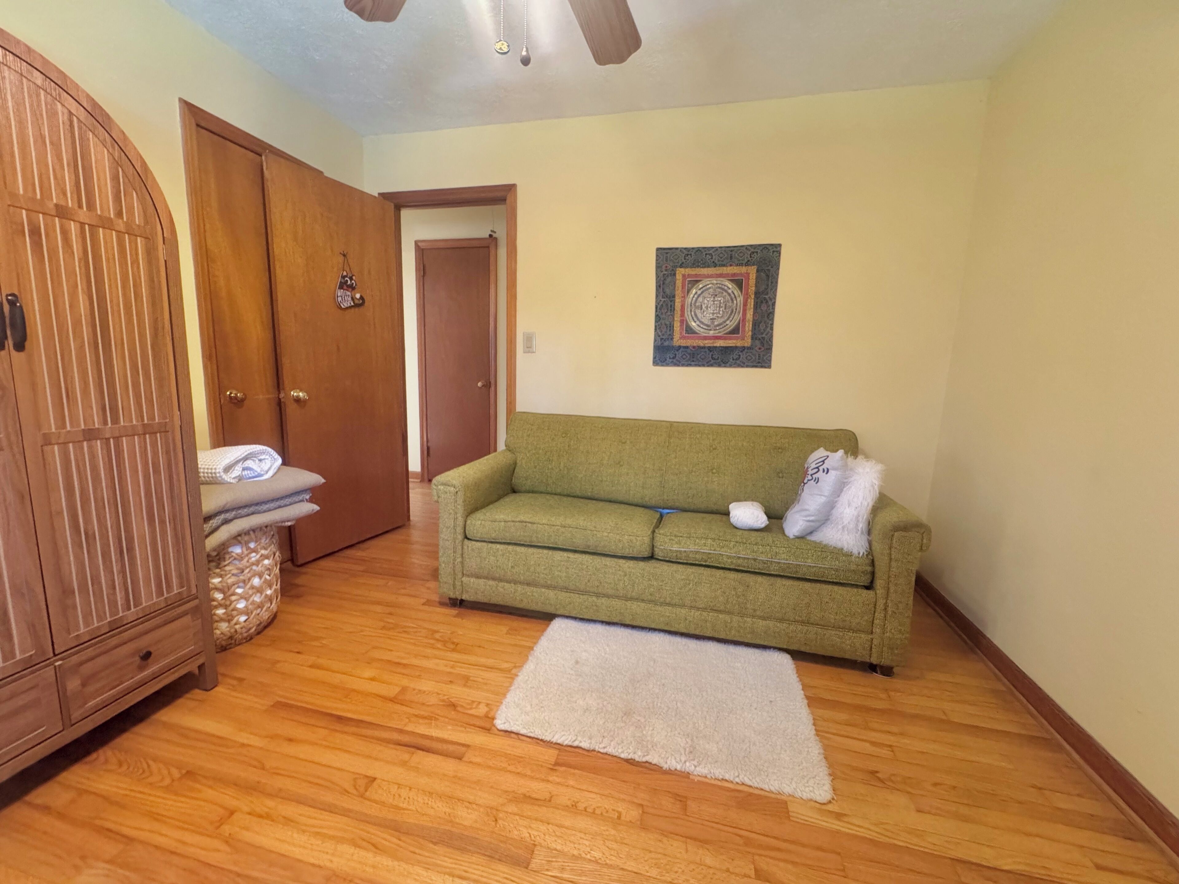 A room with a wooden wardrobe, a green sofa, a white rug, and a patterned wall hanging.