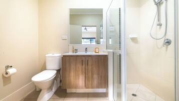 Hair dryer, towels, soap, toilet paper