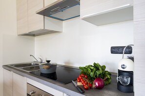 Fridge, oven, dishwasher, cookware/dishes/utensils