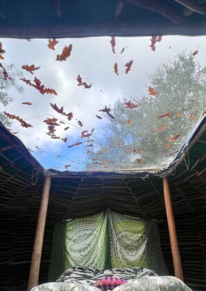 A room with a skylight, a bed with patterned bedding, and a green curtain.