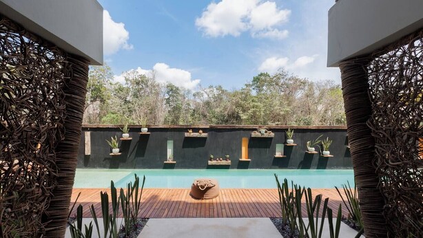 A pool area with a wooden deck, a concrete pathway, and a black wall with plant shelves. - Modern 1-bedroom studio with Sunken Pool, AC and gym access in La Veleta, Tulum (Tulum)