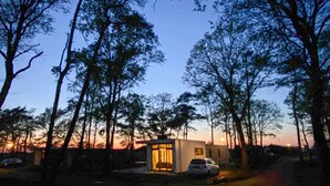 Une petite maison moderne avec une porte en verre, entourée de grands arbres et avec un coucher de soleil en arrière-plan.