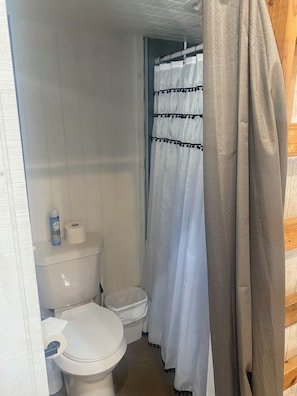 A small bathroom with a toilet, a roll of toilet paper, and a shower curtain. - Charming Cabin in Ingram Texas (Ingram)