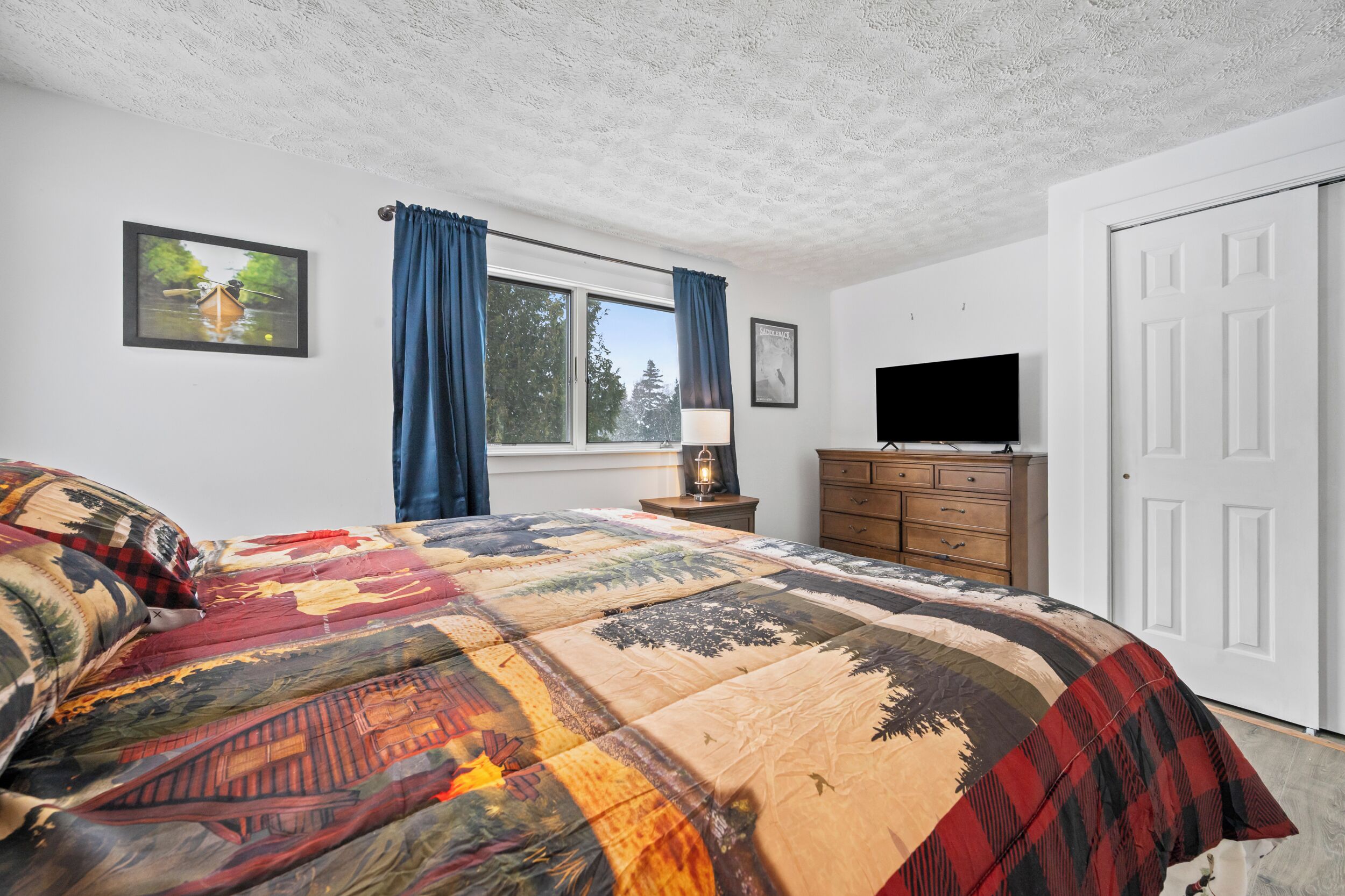 A bedroom with a large bed, a television, a dresser, and a window with curtains.