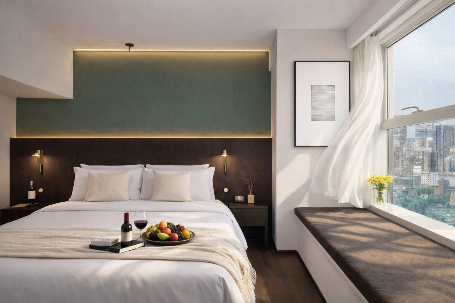 Habitación de hotel moderna con una cama grande, mesitas de noche, vistas a la ciudad y una obra de arte enmarcada en la pared.