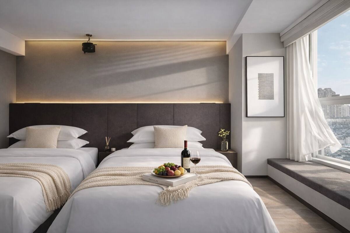Kamar Twin Basic, pemandangan kota | Seprai premium, meja kerja, tirai kedap cahaya, dan kedap suara