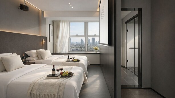 A modern hotel room with two beds, a city view, a projector, and a glass door leading to a balcony. - Chengdu Suli Travel Hotel (Chengdu)