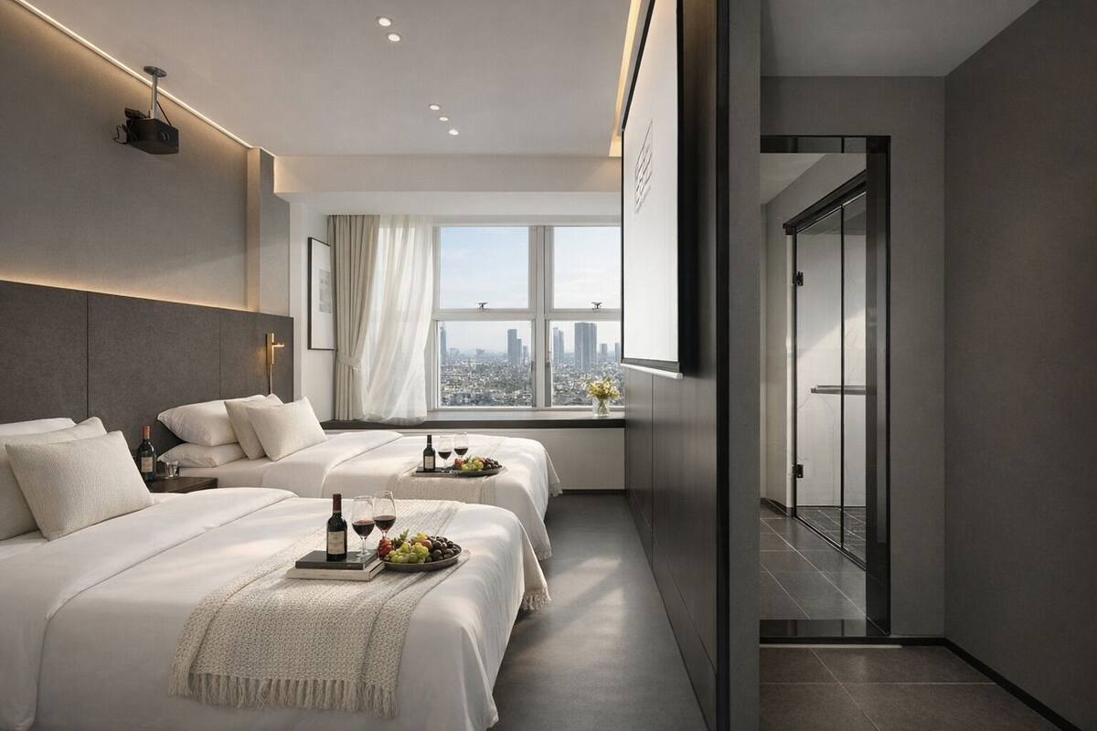 Kamar Twin Senior, pemandangan kota | Seprai premium, meja kerja, tirai kedap cahaya, dan kedap suara