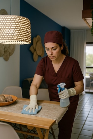 A person cleaning a table with a spray bottle and cloth. - Recife Stay | 506A | Fully equipped apartment in Boa Viagem with ocean view and 5 minutes from the airport. (Recife)