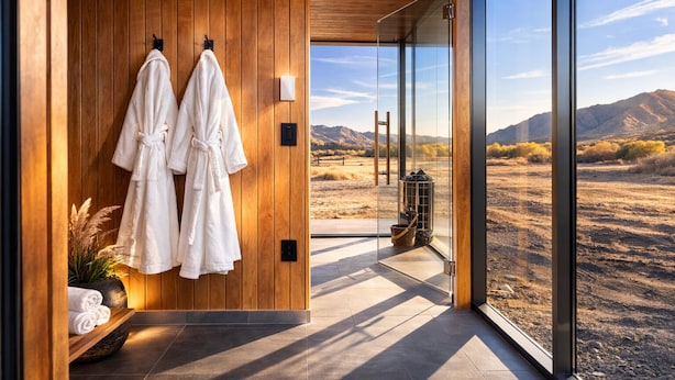 A modern bathroom with wooden walls, a glass shower enclosure, and a view of a desert landscape. - Reflections (Torrey)