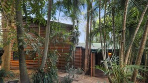 Una construcción de madera rodeada de vegetación tropical y un sendero de madera.