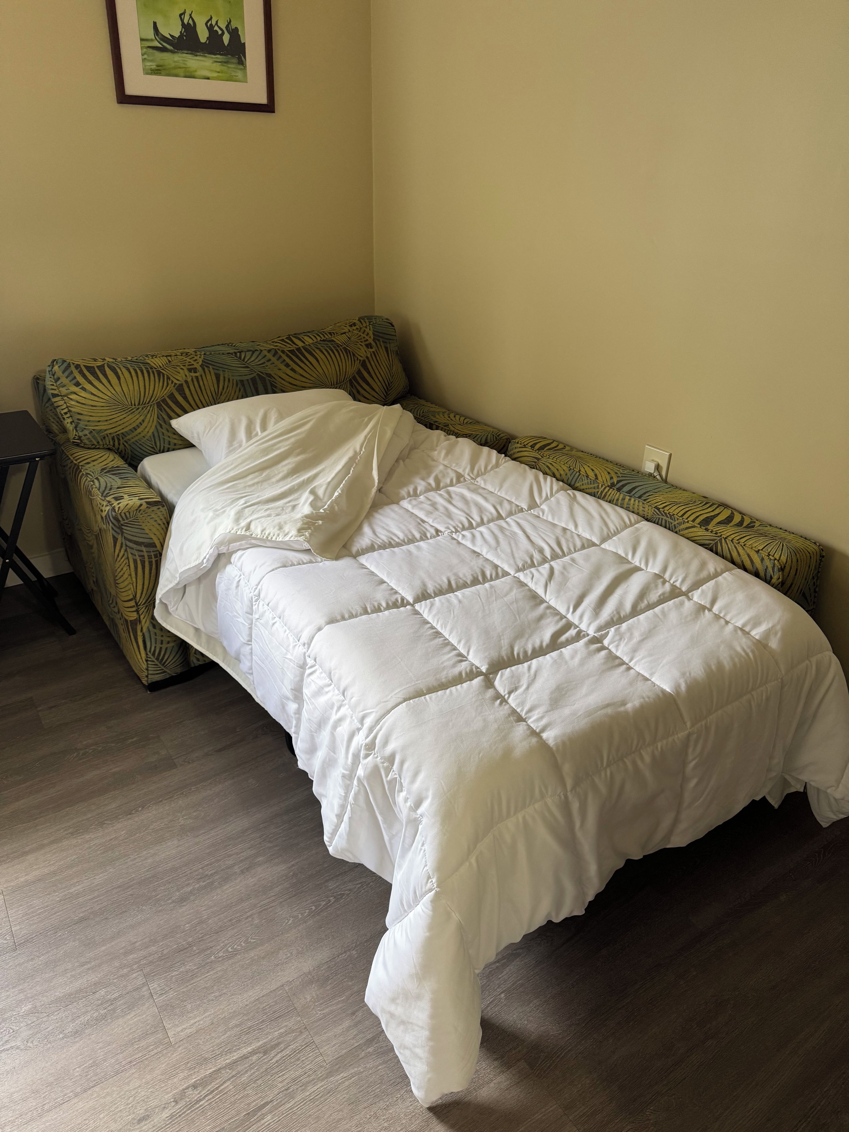 A single bed with a white quilt in a room with a patterned sofa and a framed picture on the wall.
