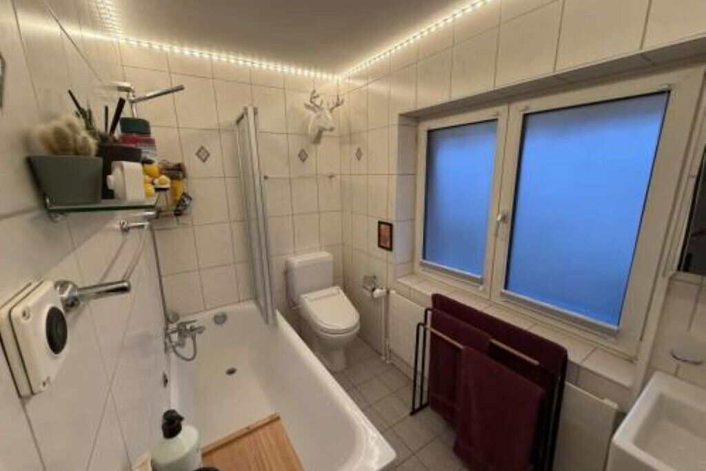 Hair dryer, bidet, towels, toilet paper