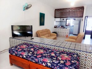 Una habitación con cama, televisión, sofá y una zona de cocina al fondo.