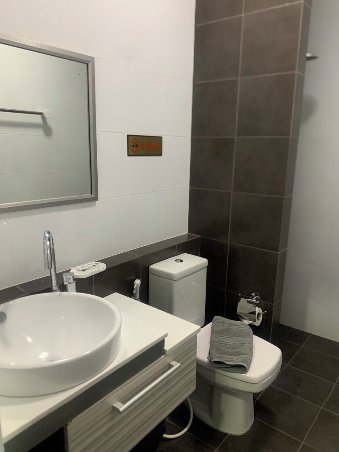 A modern bathroom with a white sink, a toilet, and a shower area.