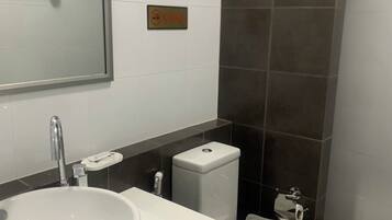 A modern bathroom with a white sink, a toilet, and a shower area.