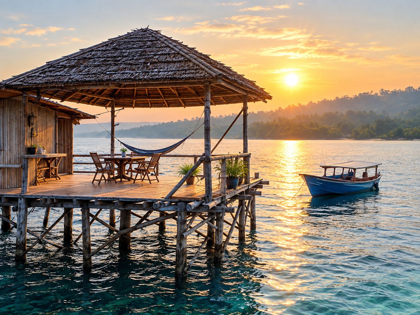A wooden dock with a thatched roof, a table with chairs, and a small boat.