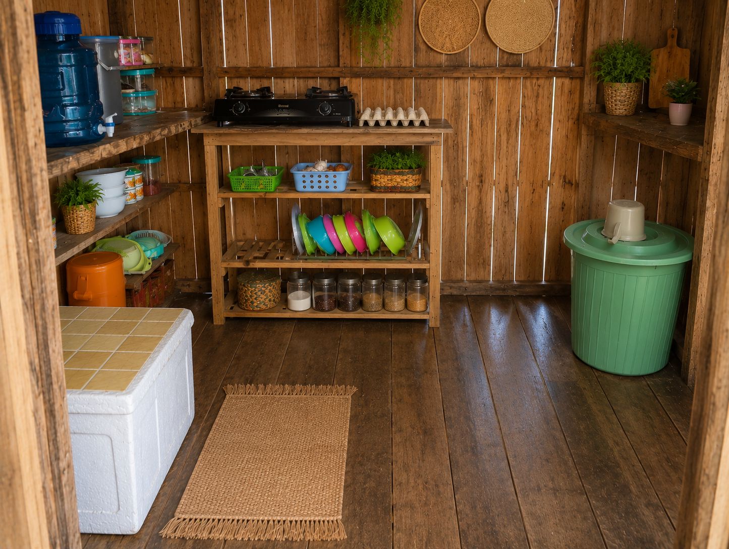 A kitchen with wooden shelves, a stove, and various kitchen items.