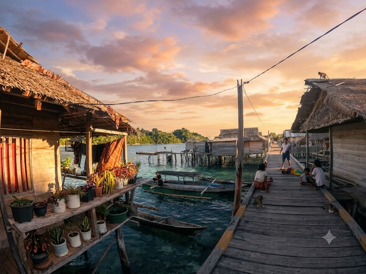 Un muelle de madera con barcos, una estructura con techo de paja y una persona caminando.