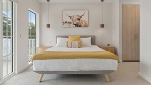 A bedroom with a bed, a large window, a door, and a wall-mounted artwork. - Bayside Luxury Retreat with Pool Near to Cronulla (Port Hacking)